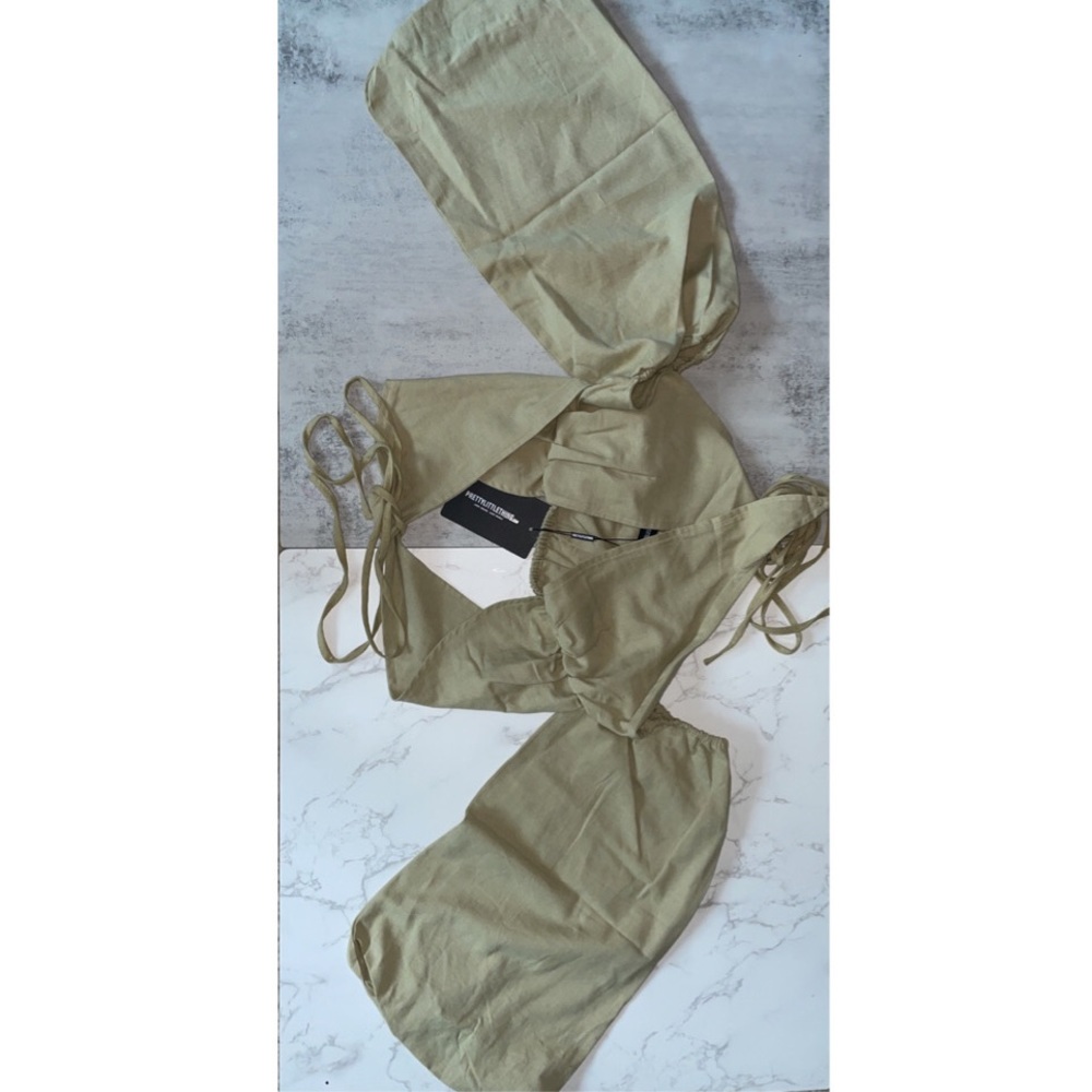 NWT PrettyLittleThing Olive Linen Feel Halter Lace Up Fringe Detail Top - Picture 6 of 6